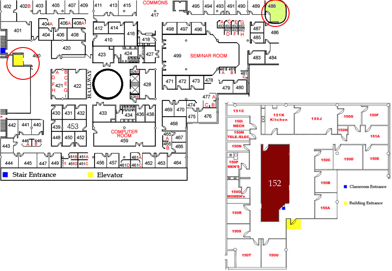 Floor map of the 4th floor of Dirac Science Library showing the location of office 488